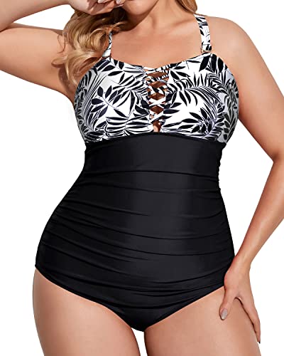 Deep V Neck Bathing Suits Removable Padded Bra For Plus Size Women-Black Leaves