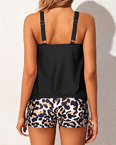 Loose And Comfy Tankini Swimsuits Boyshorts For Women-Black And Leopard