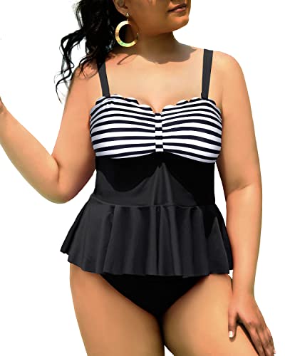 High Waisted Swim Bottom Tummy Control Swimsuits For Curvy Girls-Black And White Stripe