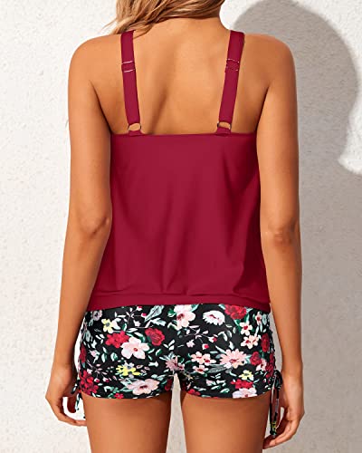 Two Piece Tankini Swimsuits For Women Tops Boyshorts-Red Floral