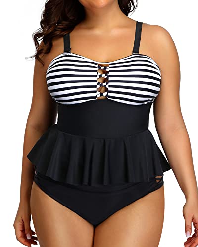 Plus Size Lace Up Tummy Control Tankini Swimsuits For Women-Black And White Stripe