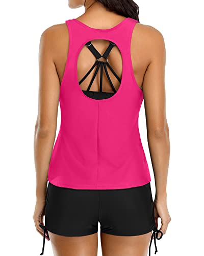 3 Piece Womens Tankini Swimsuits Cutout Back Athletic Bathing Suit-Neon Pink