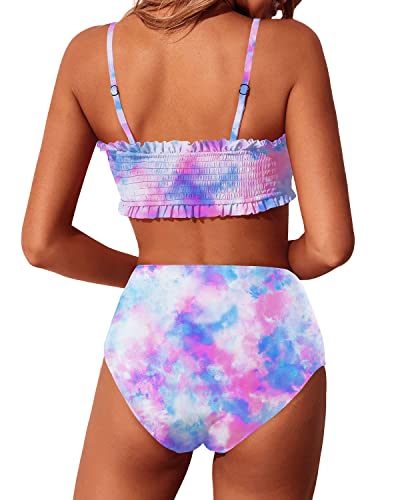 Cheeky Two Piece Smocked Swimsuits Off Shoulder Bathing Suit For Women-Tie Dye