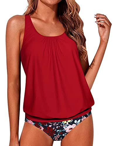 Loose Fit Mid Waist Bottom Tummy Control Teen Tankini Swimsuits-Red Floral