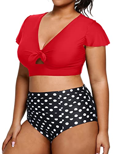 Womens Plus Size Two Piece Swimsuits Ruched Full Coverage Bottoms-Red Dot