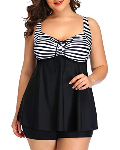 Plus Size Flyaway Bathing Suits Tankini Swimsuits Shorts-Black And White Stripe