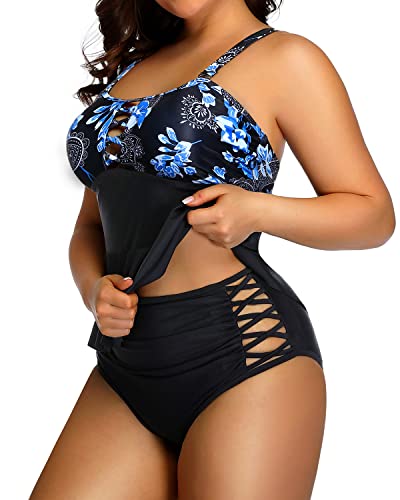 Peplum Tankini Tops Ruched Tummy Control For Women Plus Size Bathing Suits-Blue Paisley