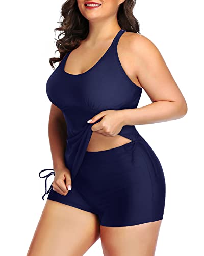 Athletic 2 Piece Swimwear Tummy Control Two Piece Ruched Swimsuit-Navy Blue