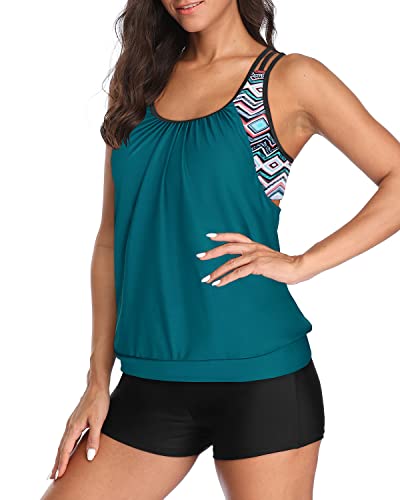 Athletic Two Piece Tankini Suits High Waisted Board Shorts For Women-Teal
