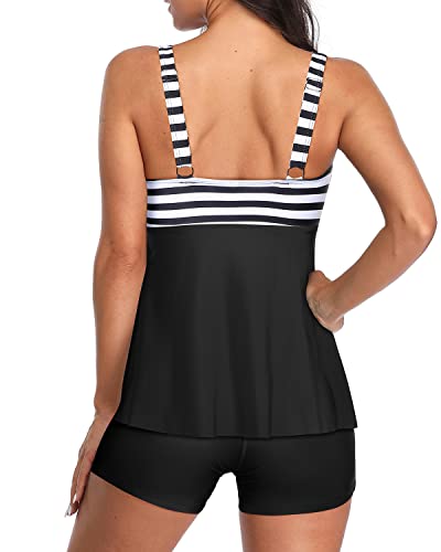 V Neck Tankini Swimsuits Removable Padded Bras For Women-Black And White Stripe