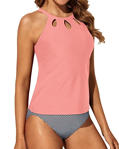 Modest Backless Halter High Waisted Tankini Bathing Suit-Coral Pink Stripe