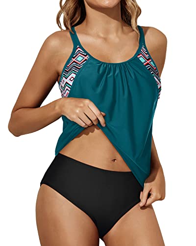 Athletic Round U Neck & O-Ring Back Tankini Swimsuits For Women-Teal