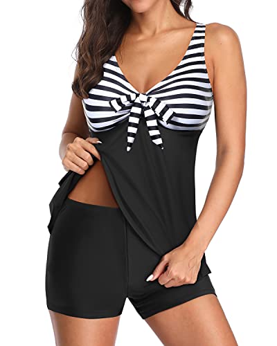 V Neck Tankini Swimsuits Removable Padded Bras For Women-Black And White Stripe