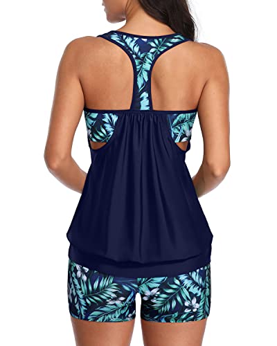 Women's Layered Design Tankini Tops Long Swim Shorts-Blue Leaves