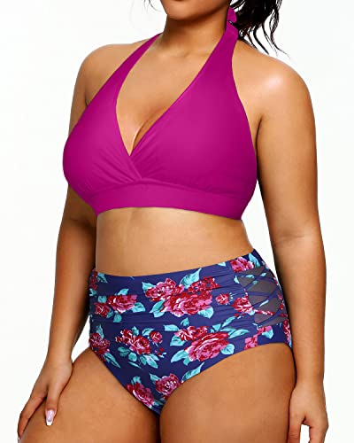 Plus Size High Waisted Two Piece Halter Bikini Tummy Control Swimsuit-Pink Floral