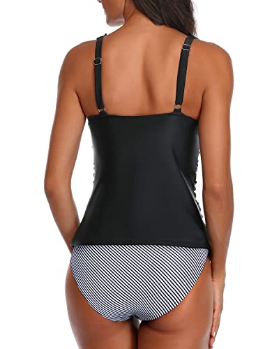 Deep V Neck Ruffle Tankini Swimsuits For Women-Black Stripe