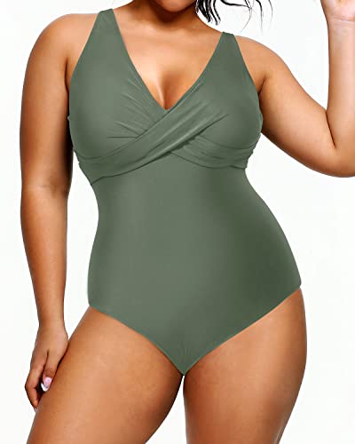 Women's Push-Up Bra One Piece V-Neck Plus Size Swimsuits-Olive Green