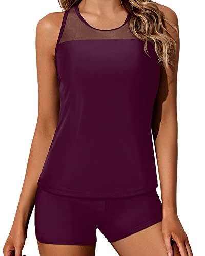 Sexy Mesh Patchwork Tankini Swimsuits For Women Shorts-Maroon