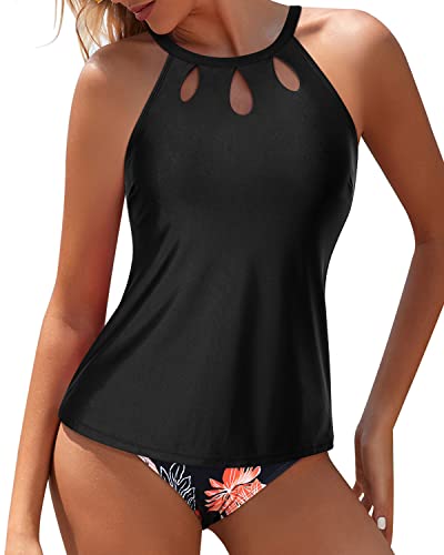 Stylish High Neck Two Piece Tankini Swimsuit Keyhole Design-Black Orange Floral