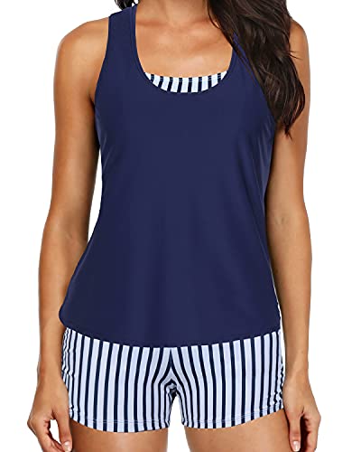 Women's Tankini Swimsuits Shorts And Tank Tops Bra And Boyshorts-Navy Stripe
