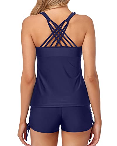 Athletic Two Piece Tankini Swimsuits For Women Padding-Navy Blue