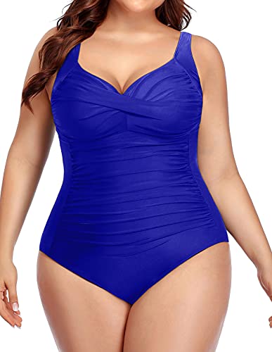 Slimming Shirred Front Swimsuits For Curvy Women-Royal Blue