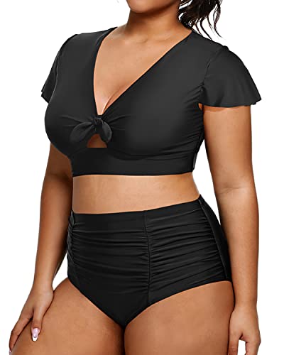 Womens Two Piece Plus Size Bikini Set High Waisted Swimsuits-Black