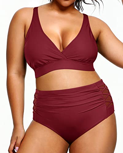 Ruched Full Lined Plus Size Bathing Suits High Waisted Bikini Swimsuits For Women-Maroon