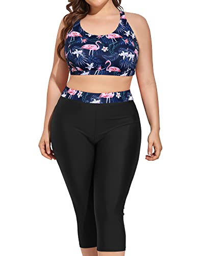 3 Piece Plus Size Swimsuits For Women Sports Bra & Swim Capris-Black Flamingo