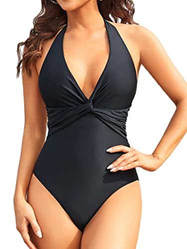Women's One Piece Swimsuit Tummy Control Bathing Suit Halter Front Cross Swimwear-Black