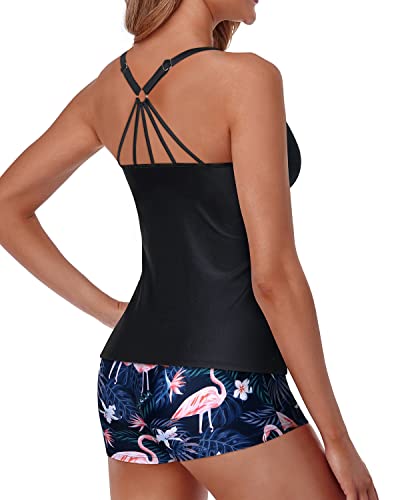 High Waisted Boyshorts Modest Coverage 2 Piece Bathing Suits For Women-Black Flamingo