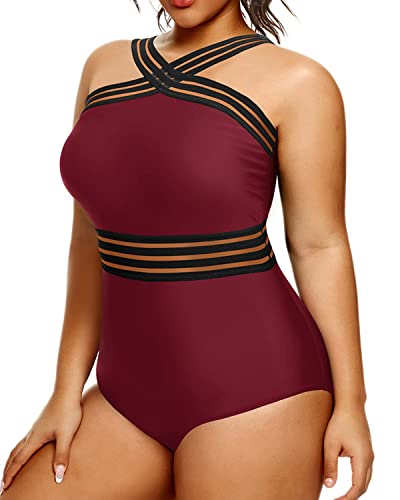 Slimming Tummy Control One Piece Swimsuit For Plus Size Women-Maroon