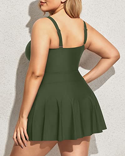 V Neck Cutout Swimdress Plus Size One Piece Swimsuit-Army Green