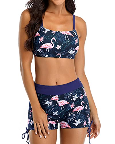 Women's Tankini Strappy D-Ring Back & Mid Waist Boyleg Bottoms-Blue Flamingo