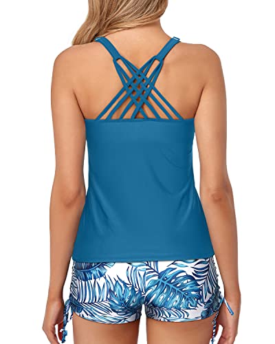 Scoop Neck Bathing Suits Shorts Modest Tank Tops For Women-Blue Leaf