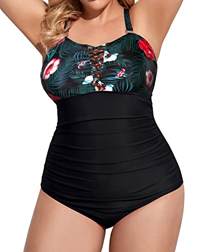 Vintage Plus Size Tummy Control One Piece Swimsuit Deep V Neck Bathing Suit-Black Floral