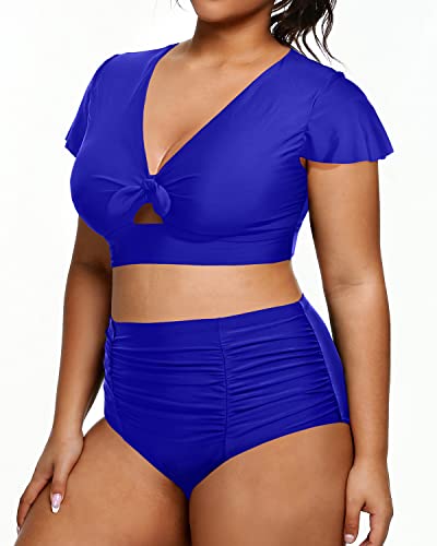 Womens Tummy Control Bathing Suits Short Sleeve Swimwear-Royal Blue