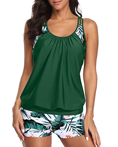 Modest Coverage Tankini Swimsuits T-Back Blouson Tops And Boy Shorts-Green Tropical Floral