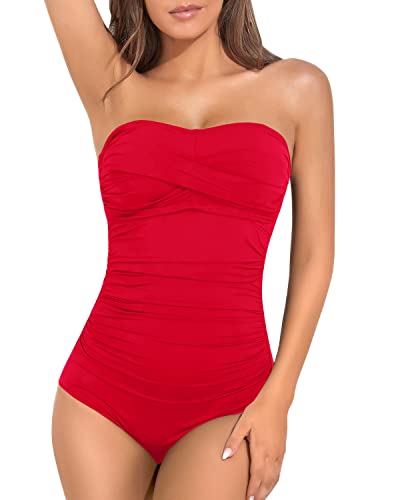Slimming Twist Front Bandeau Bathing Suits For Women-Red