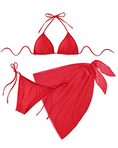 Flirty Tie-Side Swim Bottom String Bikini Set For Women-Red