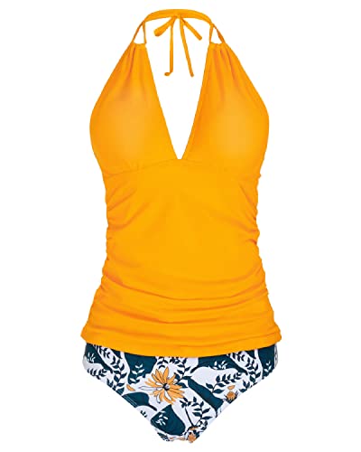 Backless Design Double Straps Detail Swimwear Two Piece Tankini-Yellow Floral
