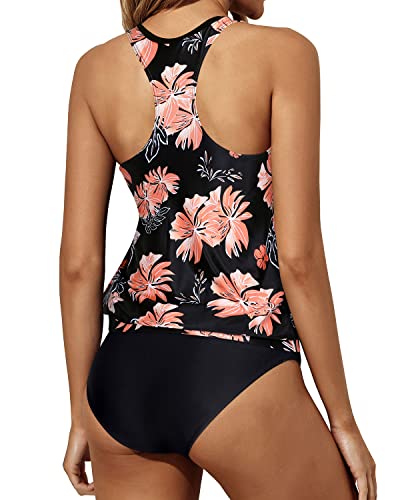 Racerback Women's Tankini Swimsuits High Waisted Bottom-Black Orange Floral