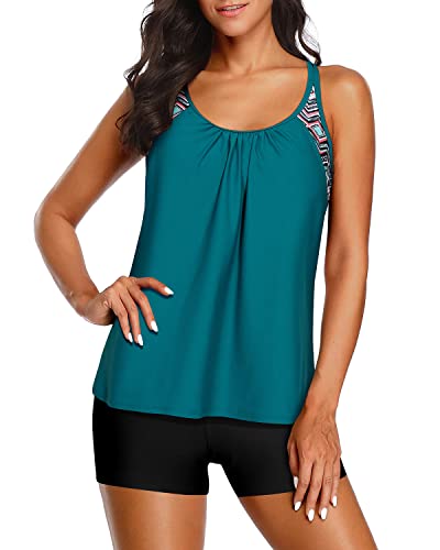 Boy Shorts Tummy Control Bathing Suit Casual Tankini Set-Teal