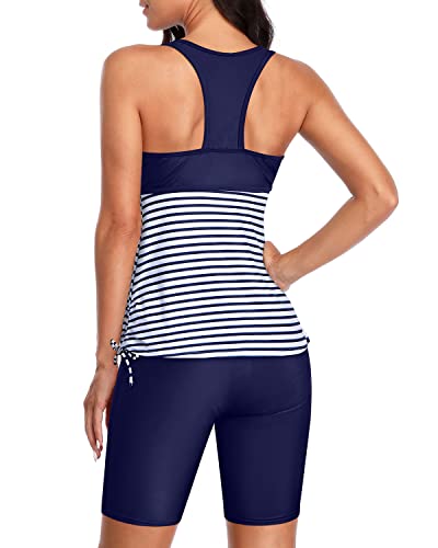 Two Piece Modest Tankini Bathing Suits Swim Capris For Women-Blue White Stripe