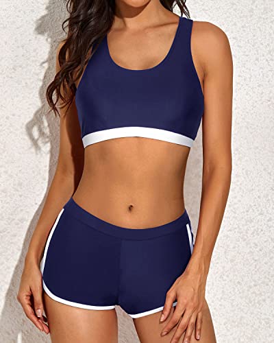 Women's Slimming 3-Piece Tankini Swimsuit Sports Bra And Boyshorts-Blue And White Stripes
