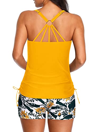 Drawstring Tie Side Cute Tankini Swimsuits For Women Boyleg Bottom-Yellow Floral