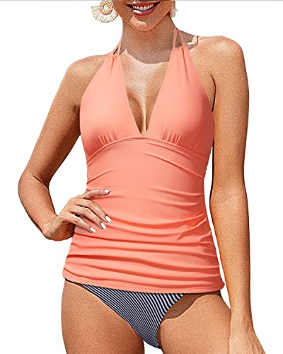 Open Back Halter Tankini Tops Tummy Control Bathing Suits-Coral Pink Stripe