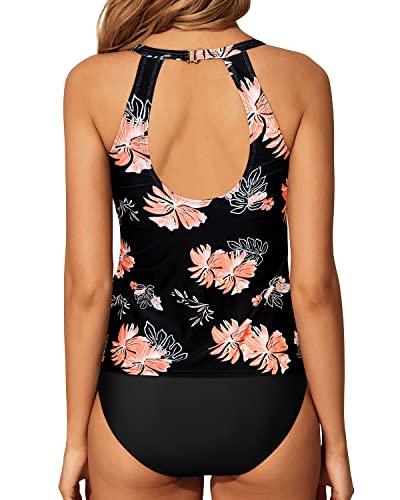 Two Piece High Neck Tankini Swimsuits For Women-Black Orange Floral