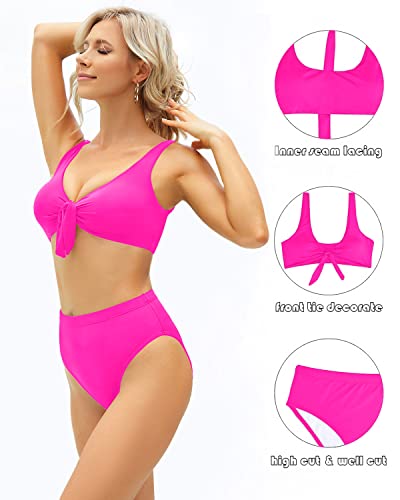 Cute Women's High Waisted Bikini Set Knot Front Bathing Suit For Teens-Neon Pink