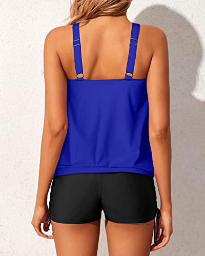 Blouson Tankini Swimsuits For Women Tops Boyshorts-Royal Blue And Black